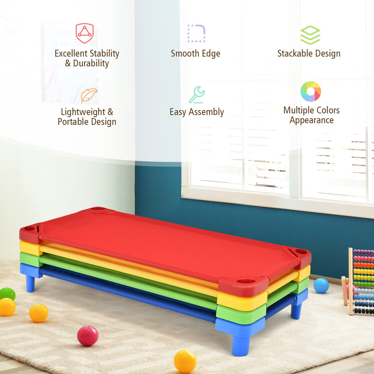 Kids Stackable Naptime Cot, Toddler Daycare Cots Rest Mat w/Easy Lift Corners