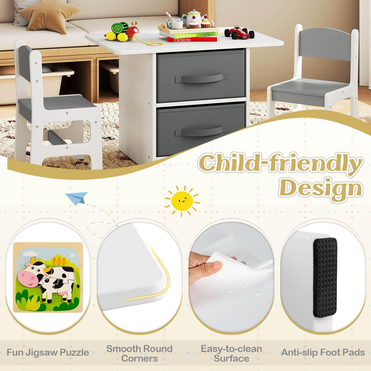 Kids Table and Chair Set, Toddler Wooden Activity Table & 2 Chairs Set