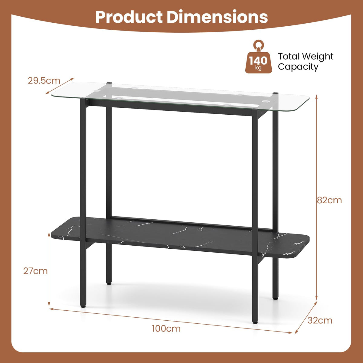 100cm Console Table with Storage Shelf and Tempered Glass Top for Hallway