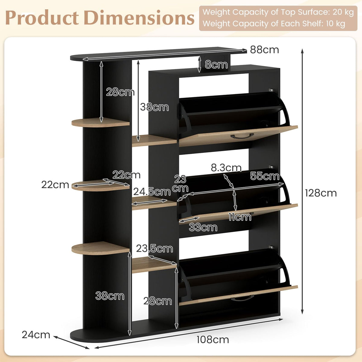 Shoe Storage Cabinet Freestanding Shoe Organizer with 3 Flip Drawers