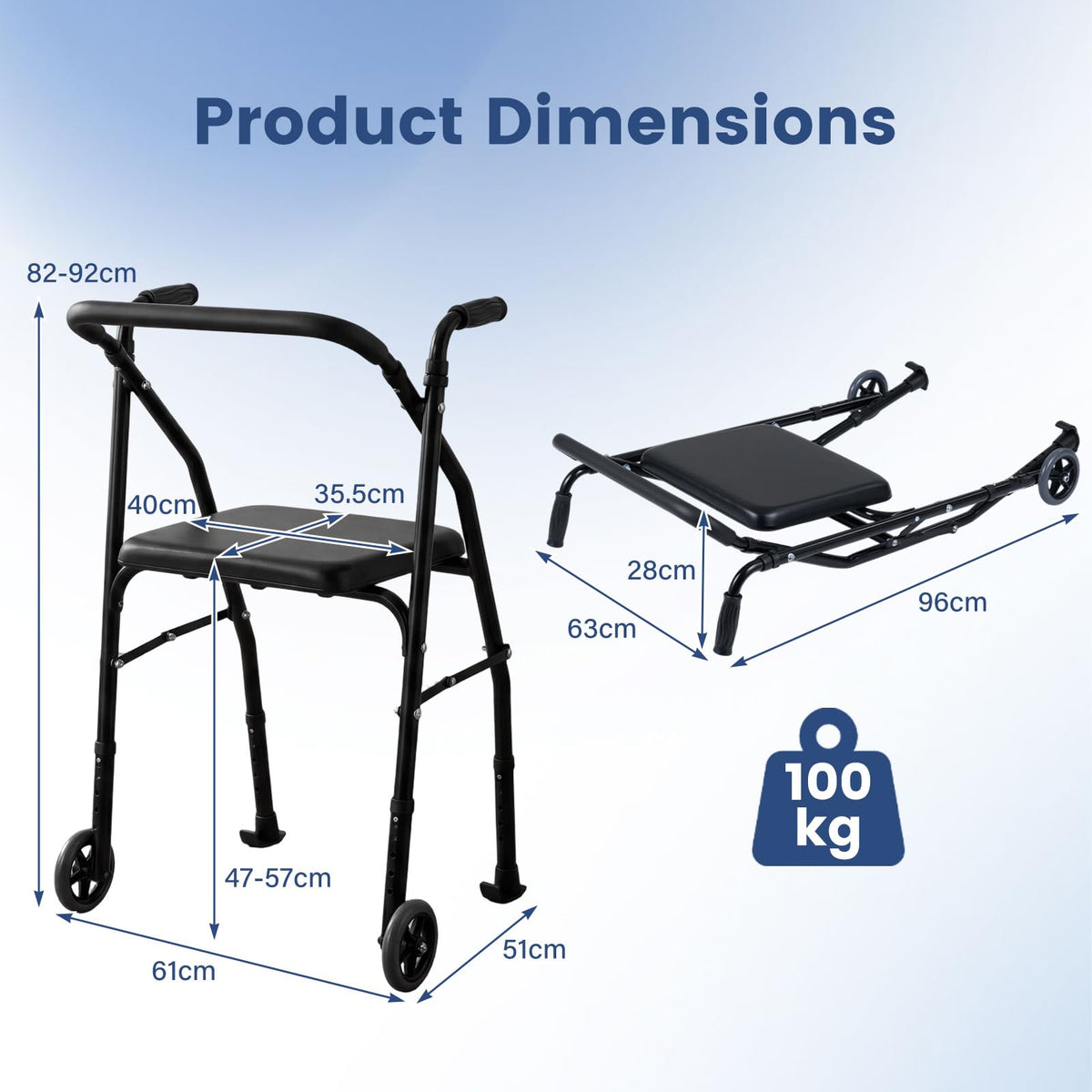 Folding Walker Lightweight Aluminum with 2 Wheels and Padded Seat for Seniors