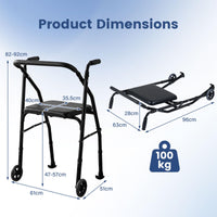 Folding Walker Lightweight Aluminum with 2 Wheels and Padded Seat for Seniors