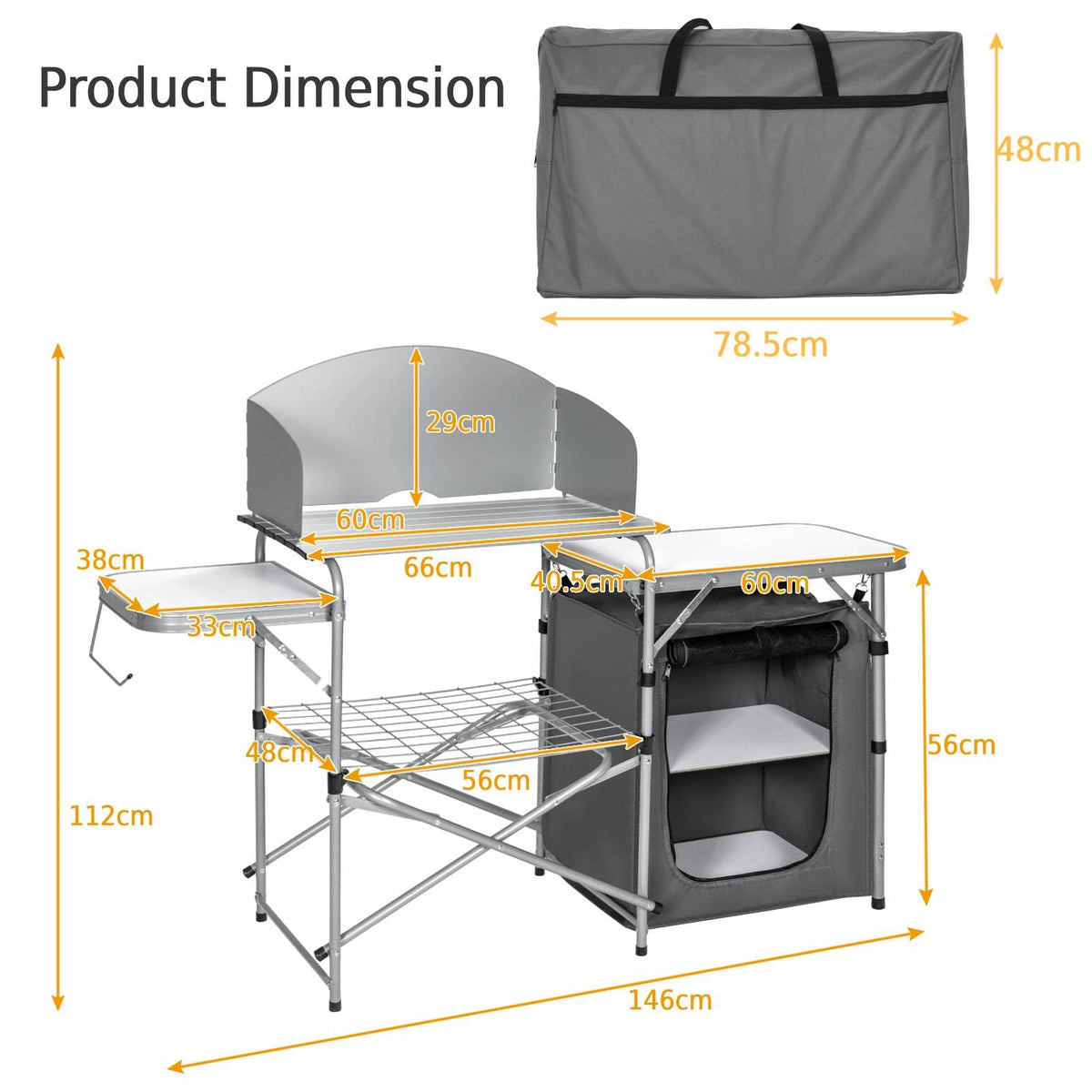 Outdoor Camping Table with Storage, Aluminium Folding Camp Kitchen with Windscreen