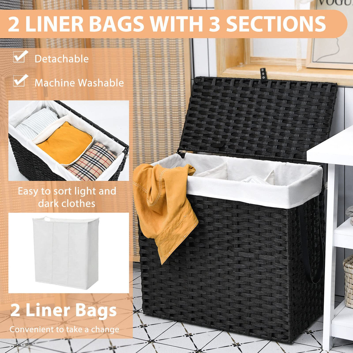 Giantex Laundry Hamper with Lid and Wheels, 125L 3 Sections Clothes Hamper with 2 Removable and Washable Liner Bags, Black