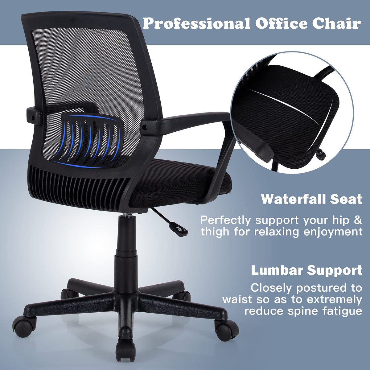 Giantex Mesh Office Chair, Ergonomic Mid-Back Computer Chair w/Large Size Seat, Black