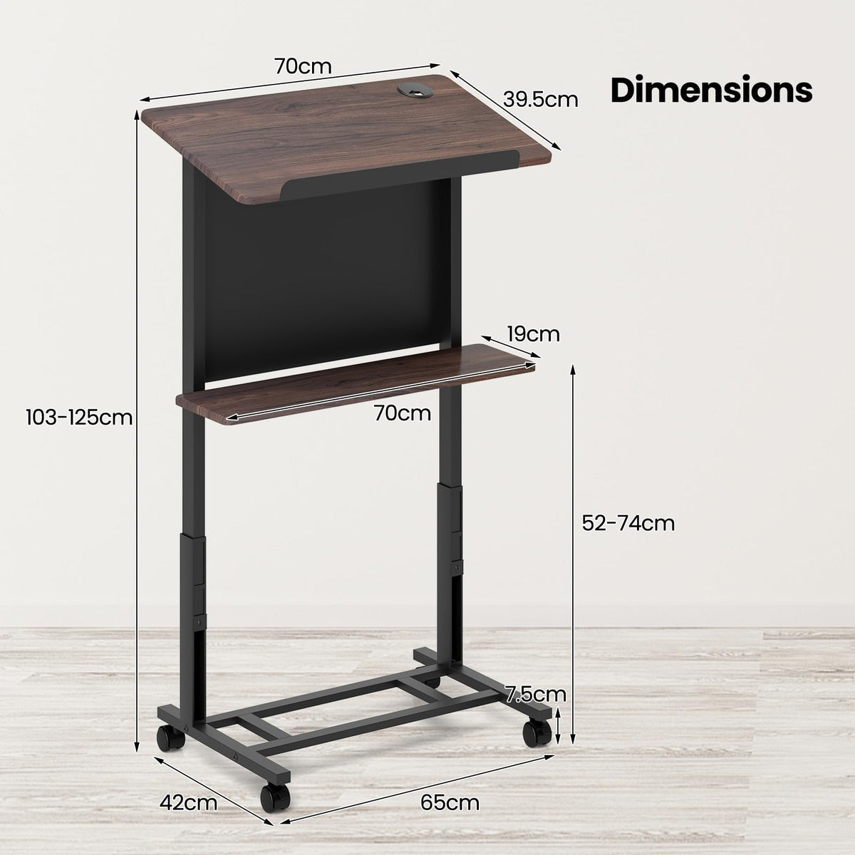 Giantex Rolling Podium Stand, 103-125cm Height Adjustable Lectern Table with Tilted Tabletop & Edge Stopper