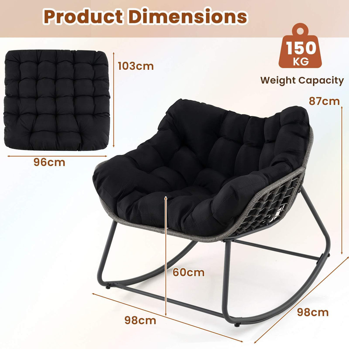 Outdoor Rocking Chair, Oversized Patio PE Wicker Egg Chair