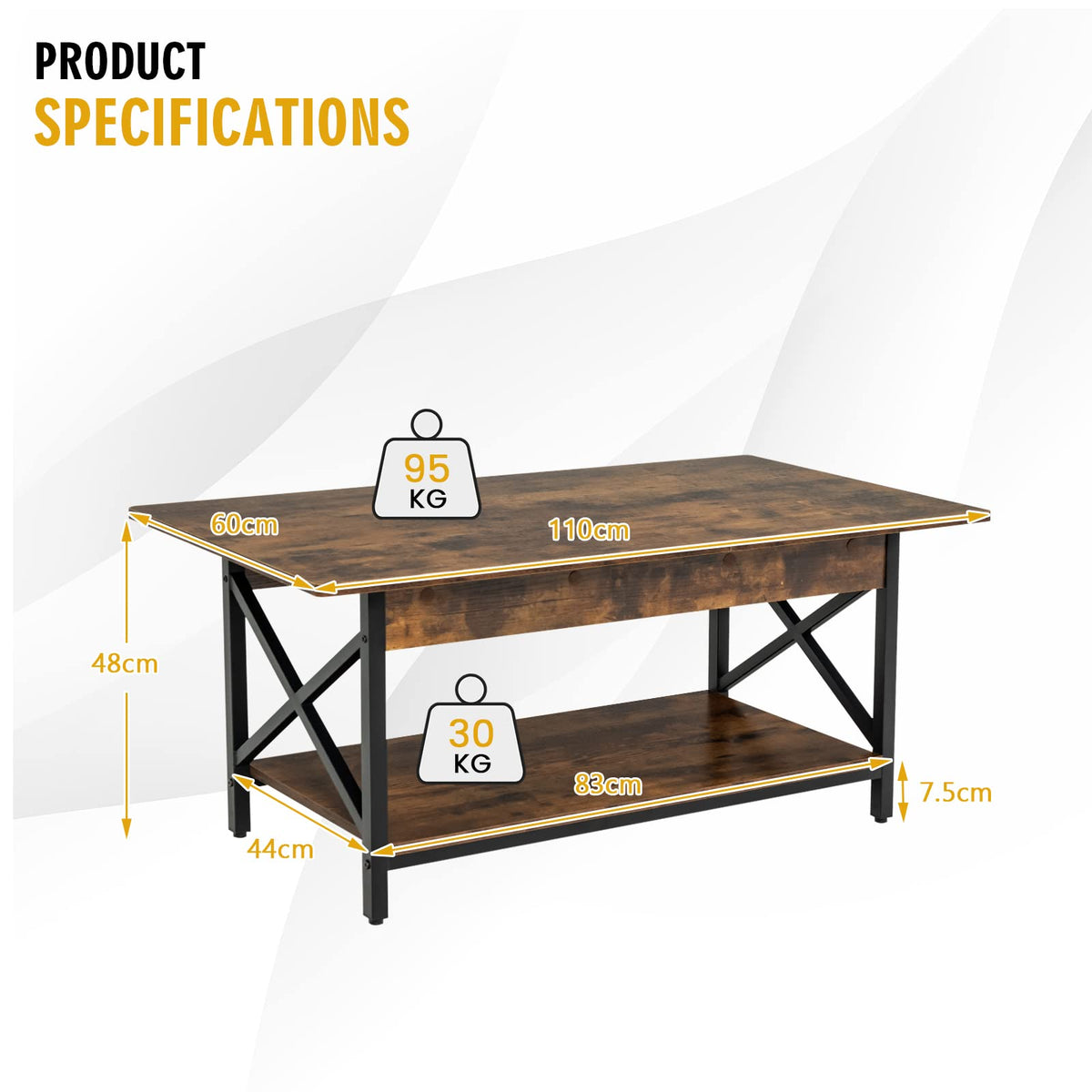 Giantex 2-Tier Industrial Coffee Table, Home Cocktail Table Tea Table with Storage Shelf and X-Shape Steel Frame