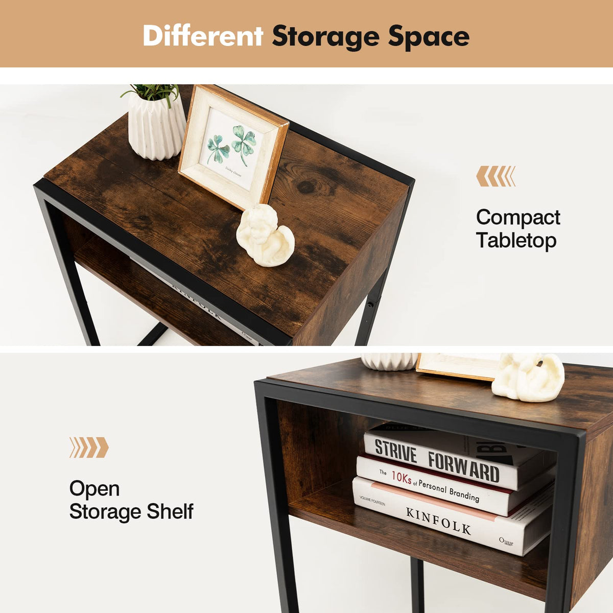 Giantex Industrial End Table, Retro Side Table with 2-Tier Open Storage Shelf, Rustic Brown