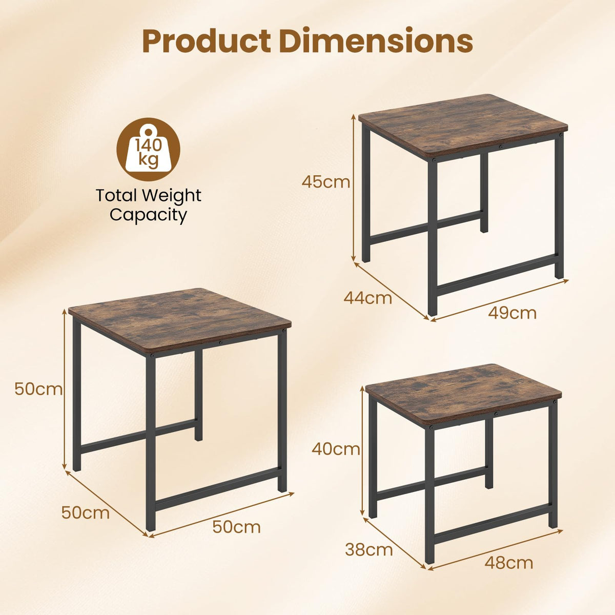 Nesting Coffee Table Set of 3 with Heavy-Duty Metal Frame