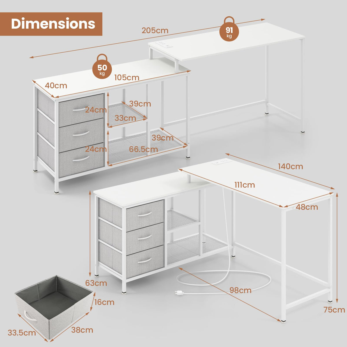 Giantex L-Shaped Computer Desk with Power Outlet, Convertible Corner Desk with 3 Fabric Drawers & Metal Mesh Shelves