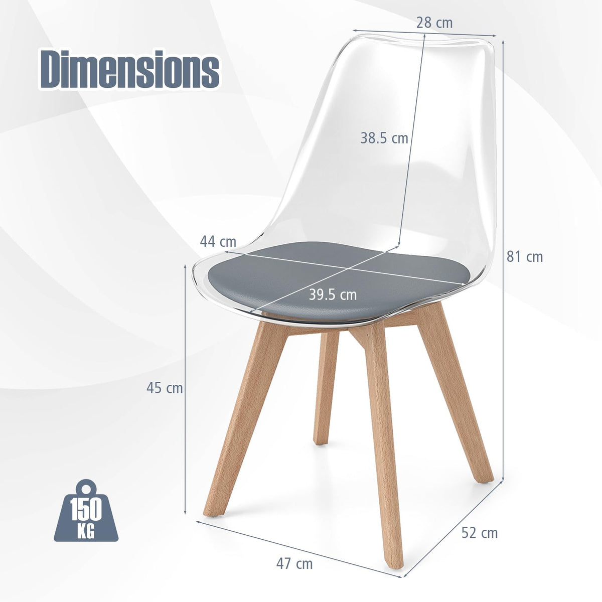 4-Pack Clear Dining Chairs with Wood Legs & PU Cushion