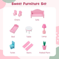 Kids Wooden Dollhouse with 5 Simulated Rooms & 10 Pieces of Furniture