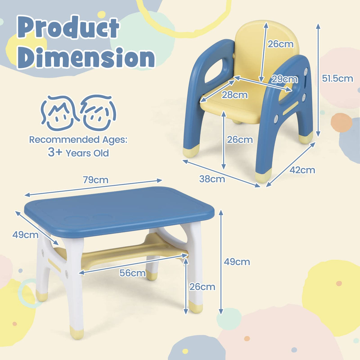 Kids Table and Chairs Set, 3-Piece Activity Table Set for Children w/Curved Storage Shelf for Arts