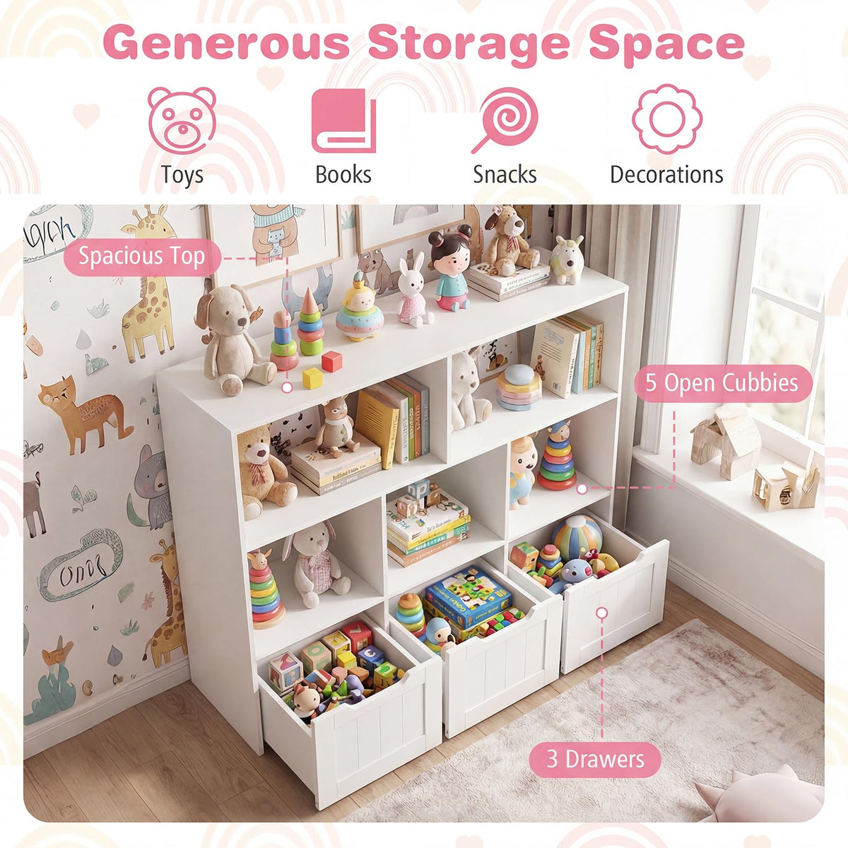 Kids Toy Storage Organizer, Children Bookshelf Toy Chest Box w/3 Movable Drawers