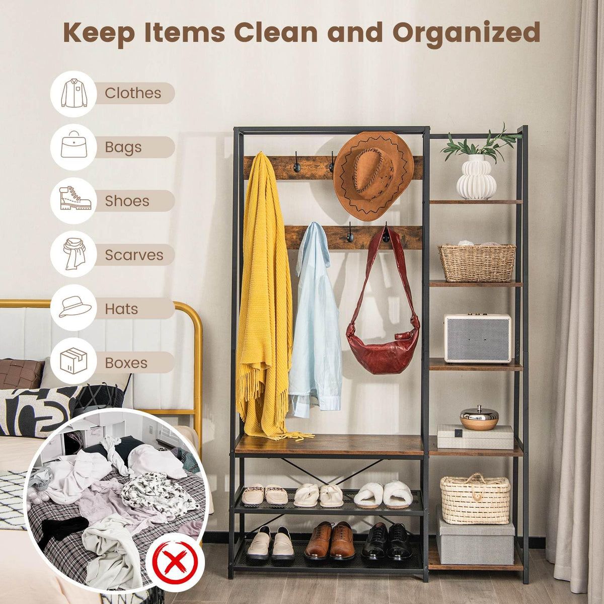 Hall Tree with Storage Bench with 9 Hooks 5 Side Shelves and 2 Mesh Shelves