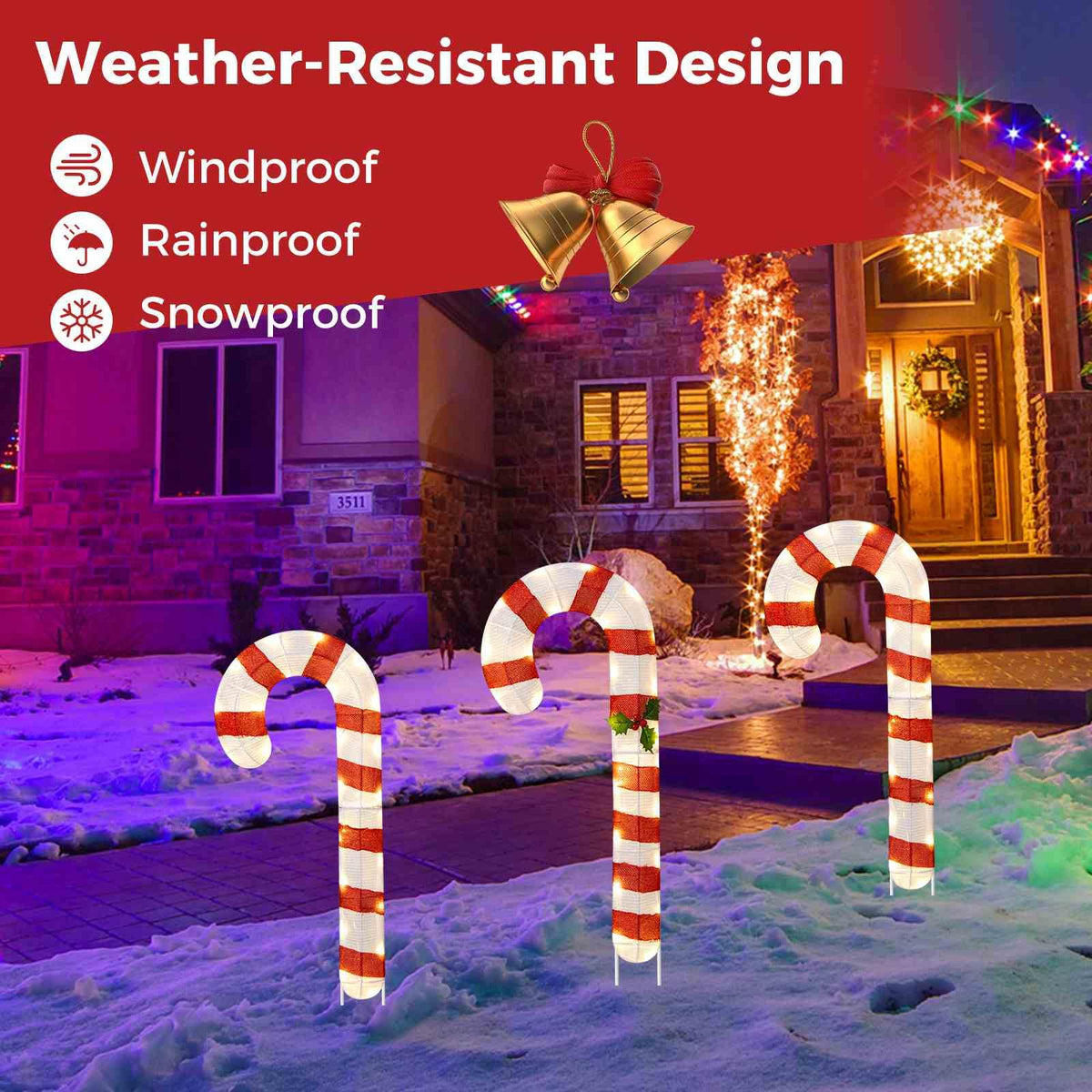 3 Pieces 80CM Pre-Lit Xmas Yard Candy Canes with 75 LED Lights