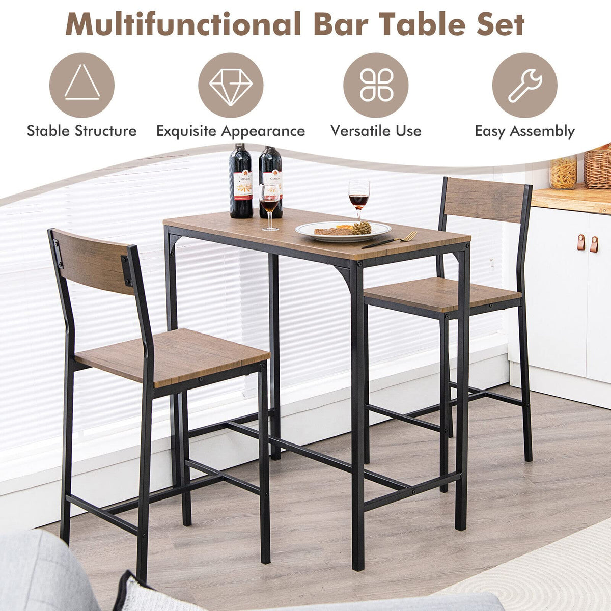 Giantex 3 Pieces Bar Table Set, Counter Height Bistro Table with 2 Stools, Rustic Brown & Black