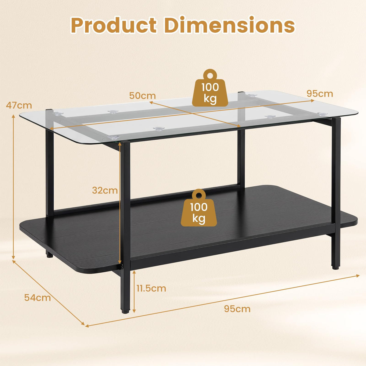 2-Tier Tempered Glass Coffee Table 95cm with Storage Shelf for Living Room