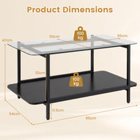 2-Tier Tempered Glass Coffee Table 95cm with Storage Shelf for Living Room