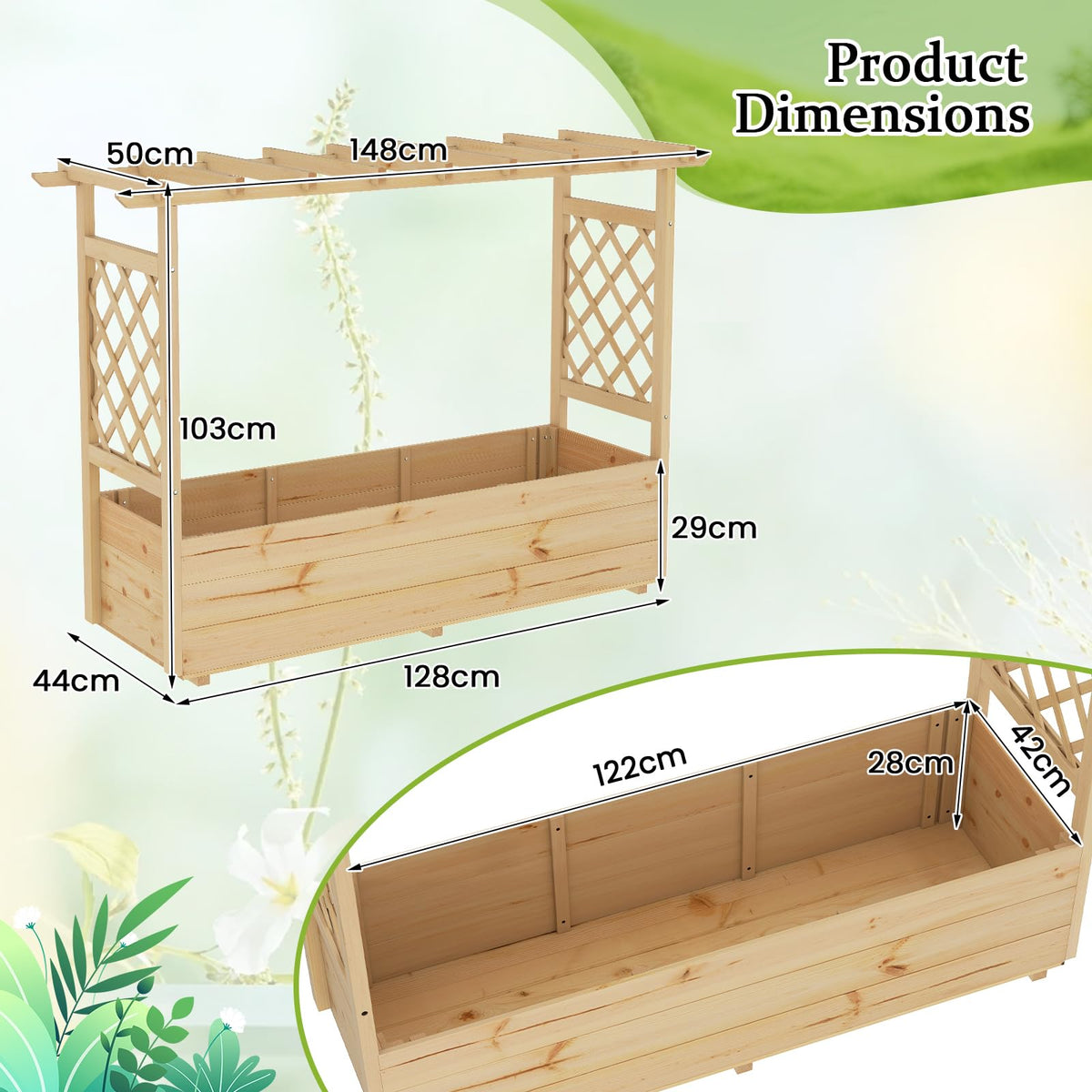 Raised Garden Bed with Trellises, Hanging Roof, Elevated Planter Box