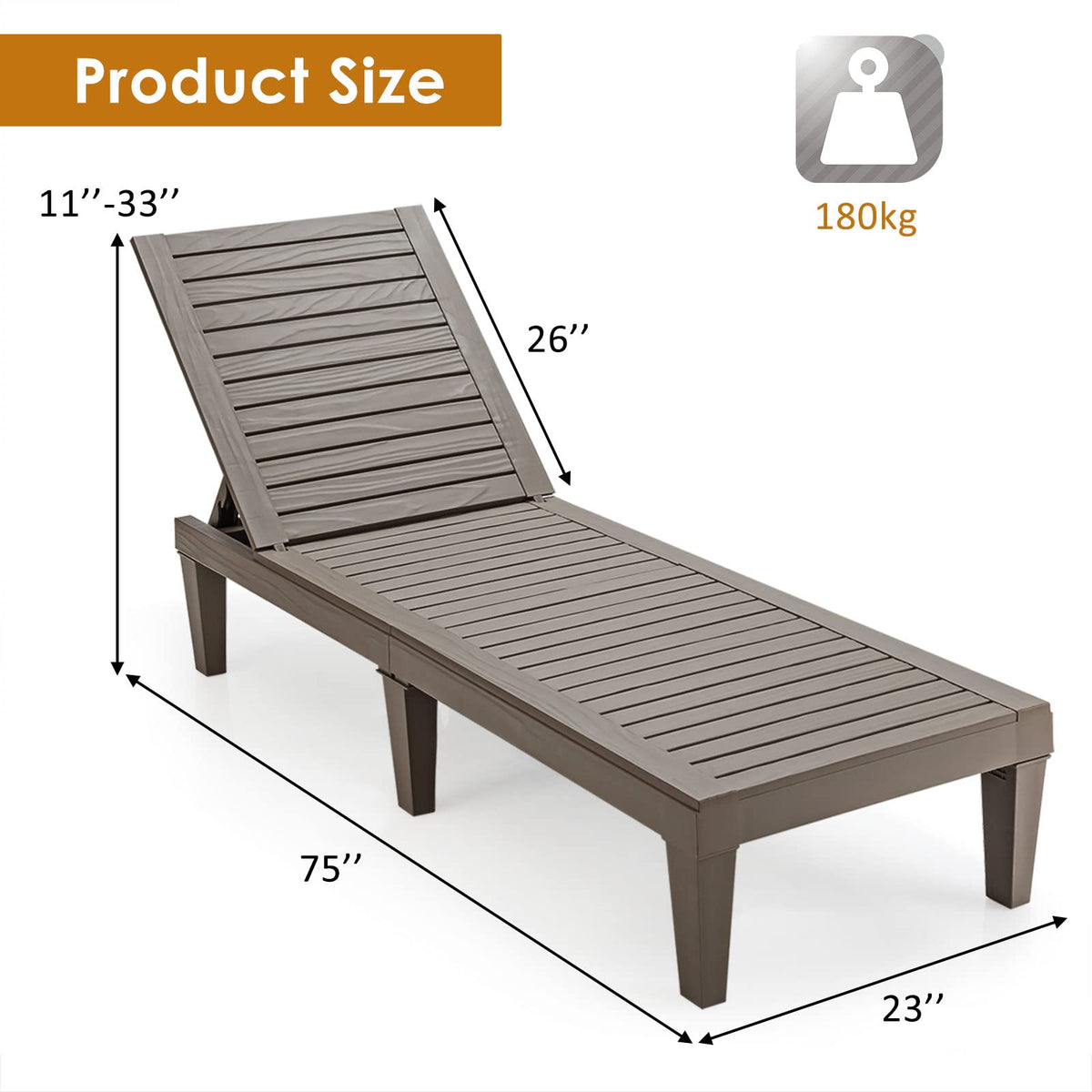 Outdoor Chaise Lounge Chair, Lightweight Patio Day Bed Recliner w/Adjustable Backrest