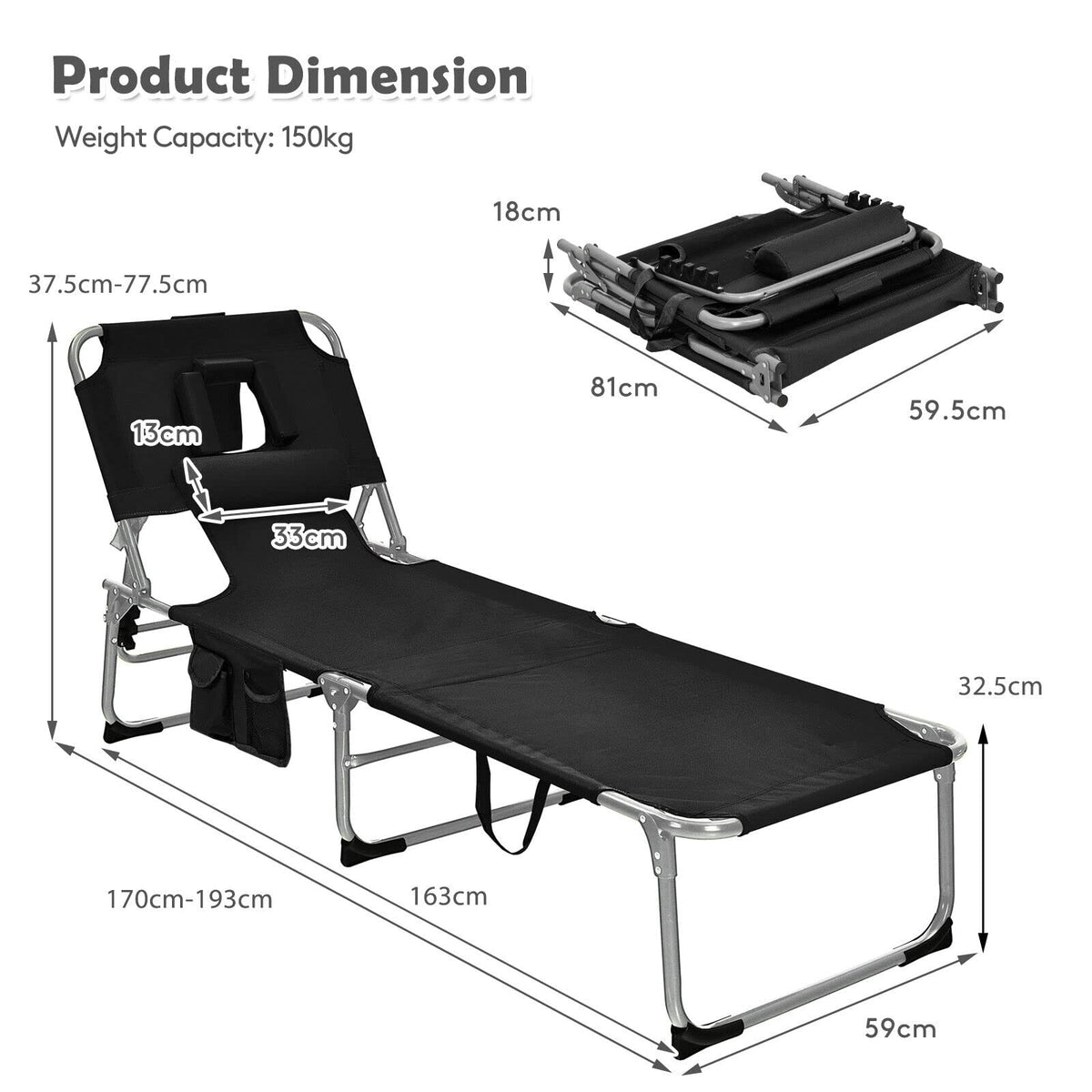 Beach Chaise Lounge Chair, Patio Folding Reclining Chair