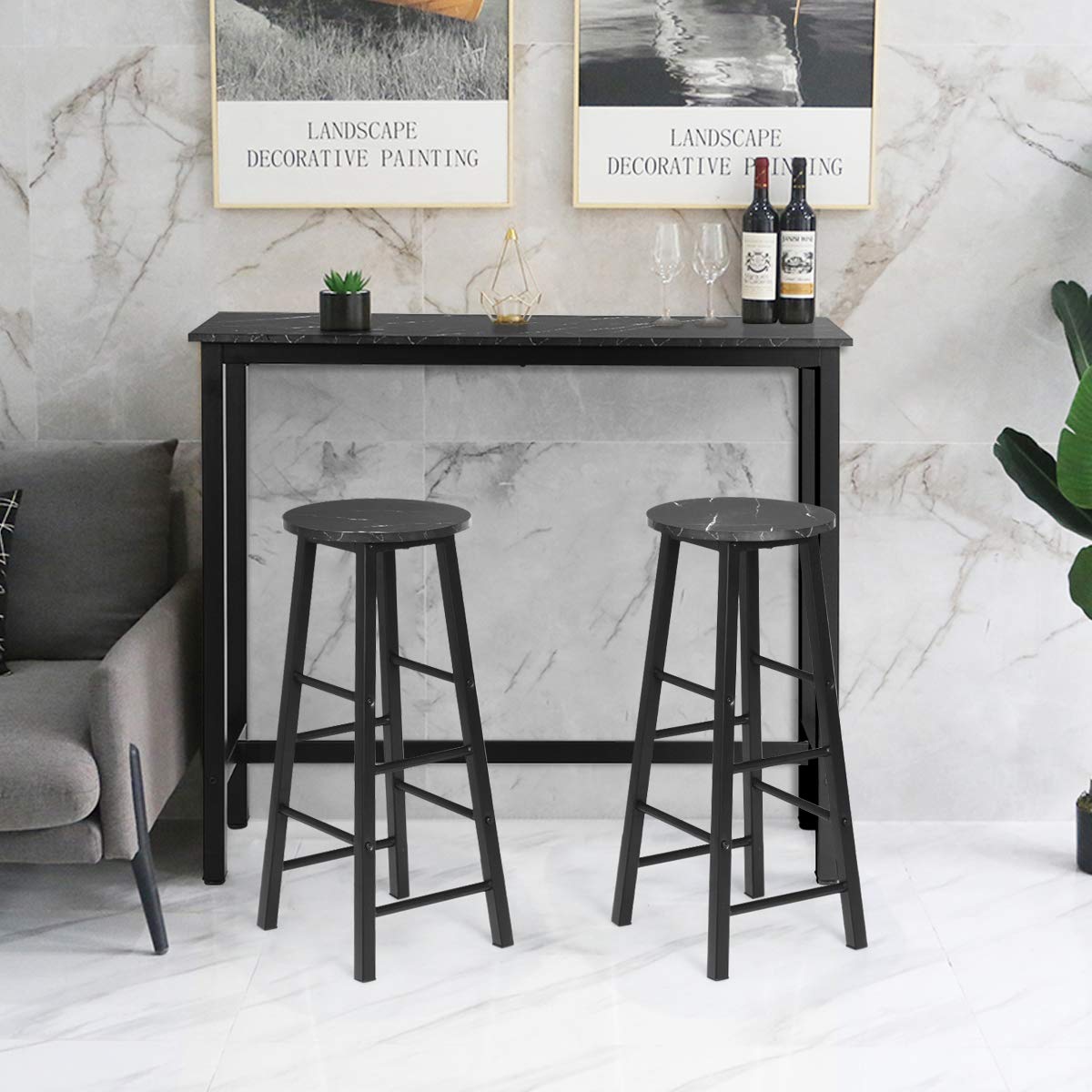 Dining Table Stools Set, 3PCS High Bar Table Set, w/Metal Frame & 2 Bar Stools