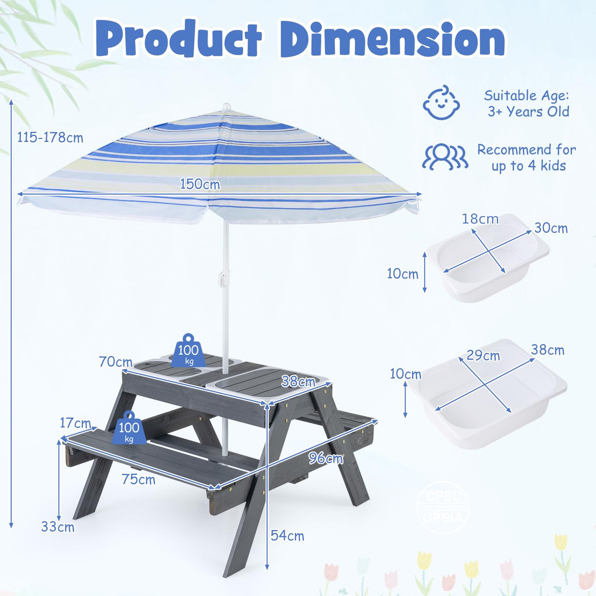 Kids 4-in-1 Sand and Water Table with Removable Boxes and Umbrella