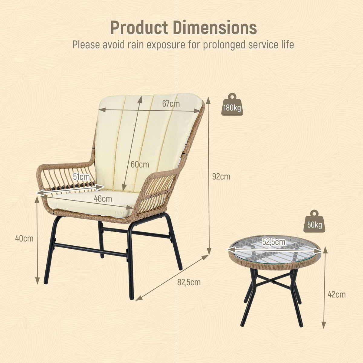 3 Pieces Patio Bistro Set, Outdoor PE Wicker Conversation Set