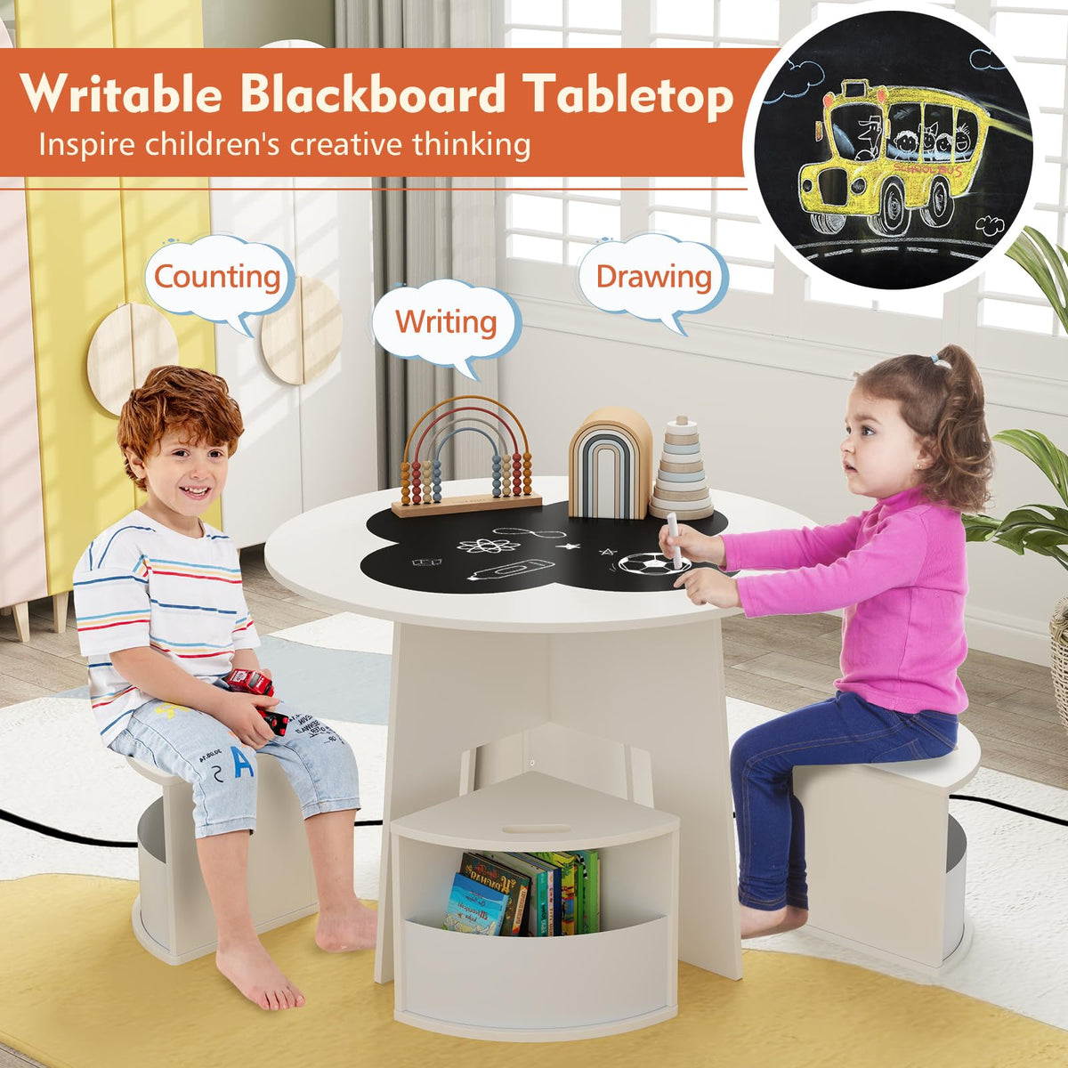 5 PCS Kids Table and Chair Set with 4 Storage Stools and Blackboard