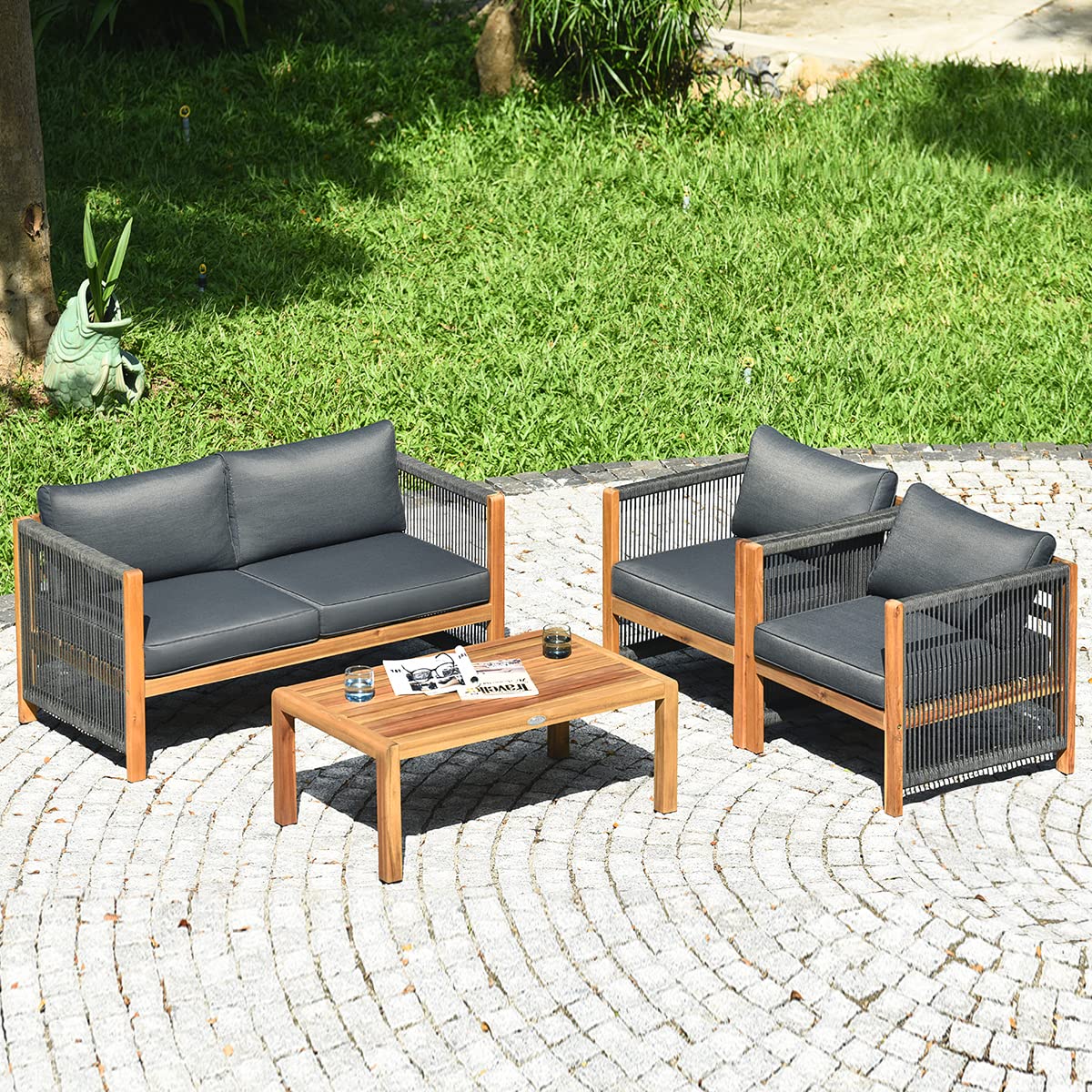 4 Pieces Acacia Wood Patio Conversation Set with Armrest