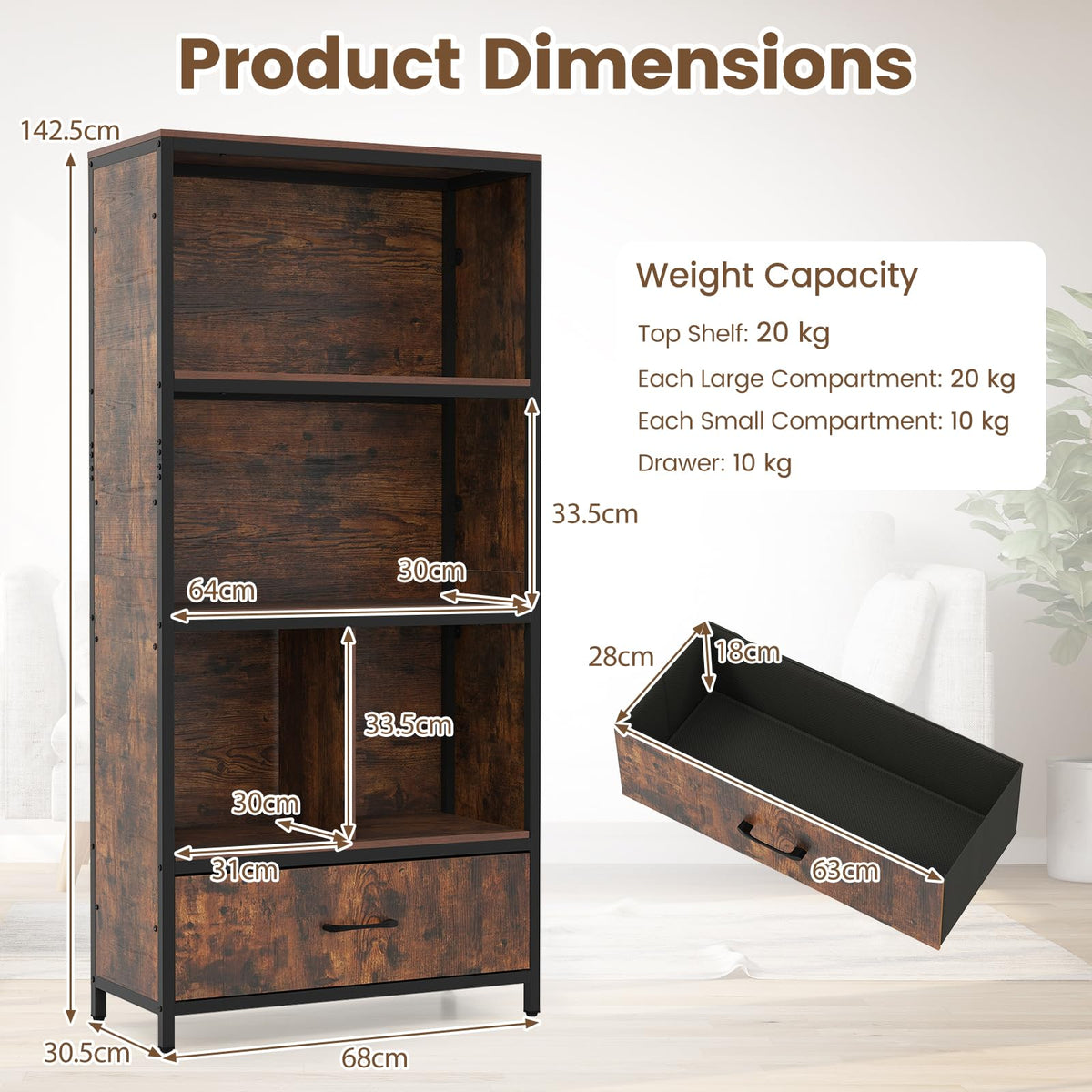 Industrial Freestanding Bookcase with 4 Storage Compartments and Large Fabric Drawer for Study