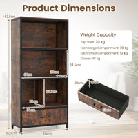 Industrial Freestanding Bookcase with 4 Storage Compartments and Large Fabric Drawer for Study