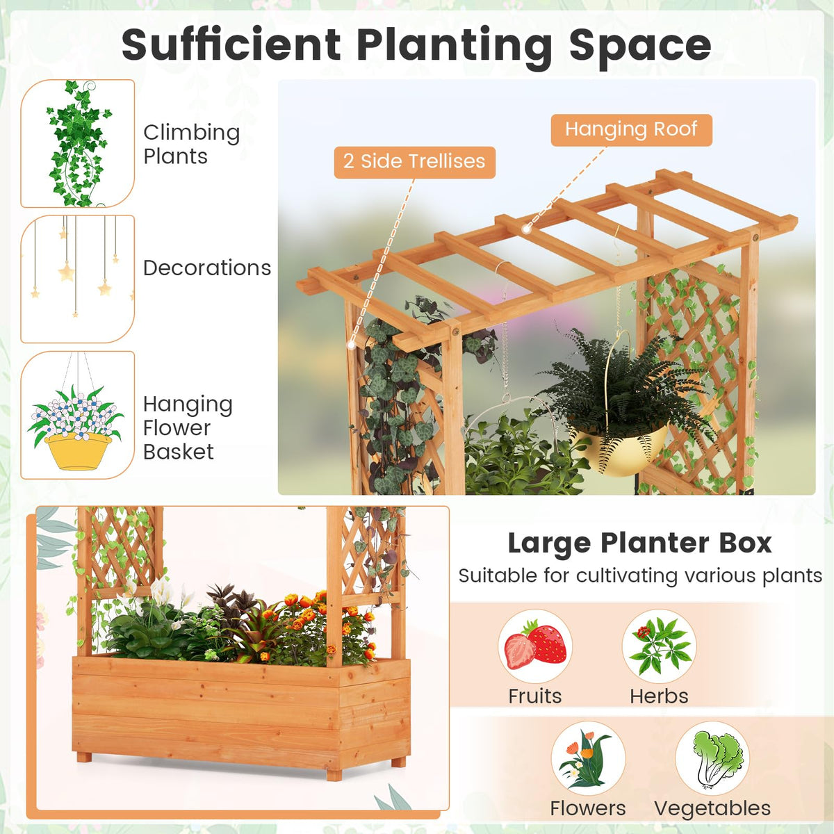 Raised Garden Bed with Arch Trellis, Hanging Roof, Planter Box