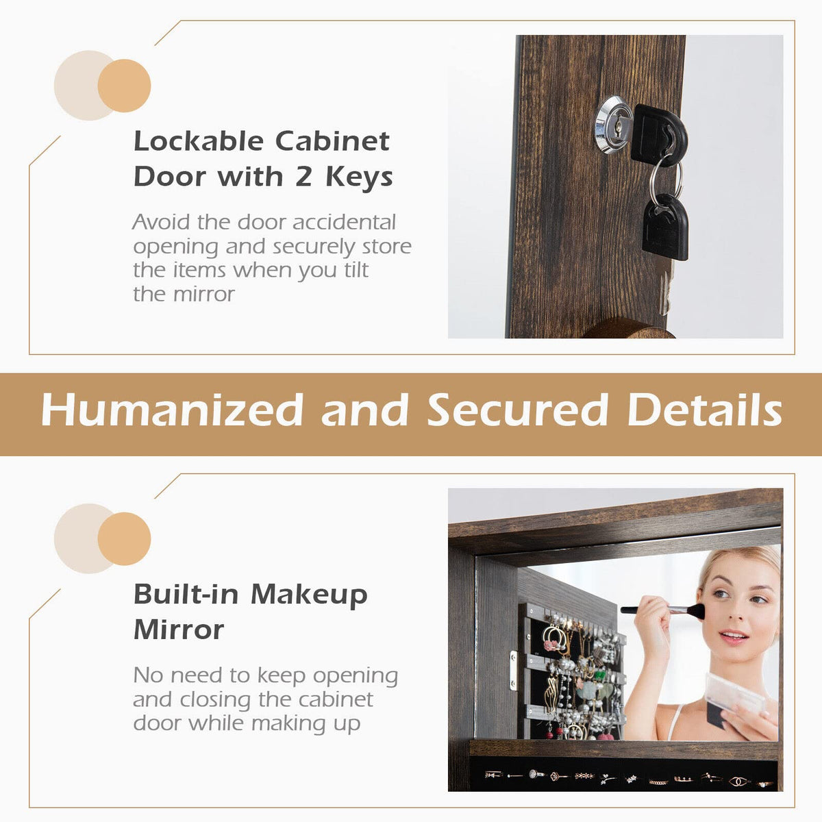 Giantex Mirror Jewelry Cabinet w/ Full Length Mirror, Jewelry Makeup Storage Cabinet w/ Lockable Door