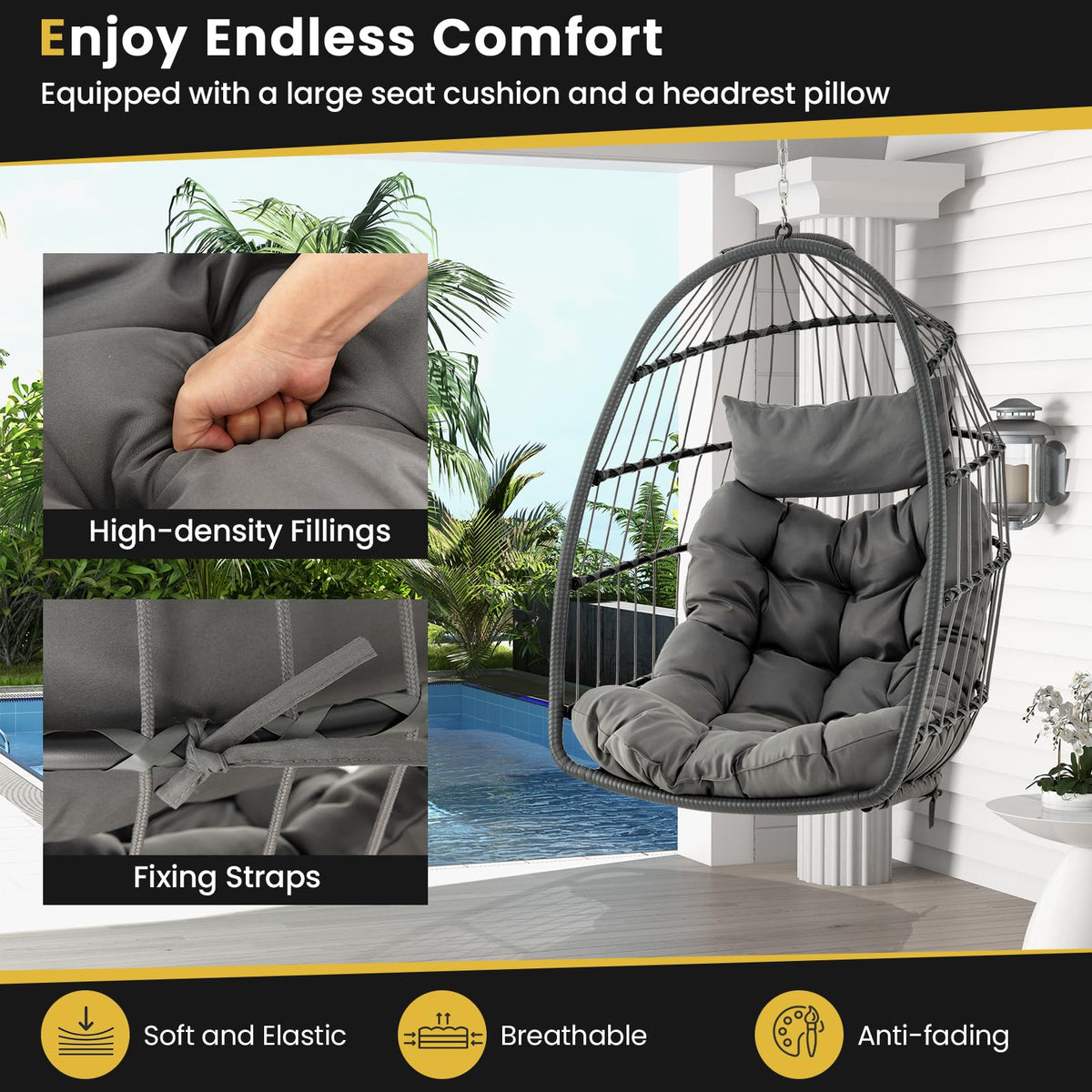 Hanging Egg Chair with Head Pillow & Large Seat Cushion (Without Chair Stand)
