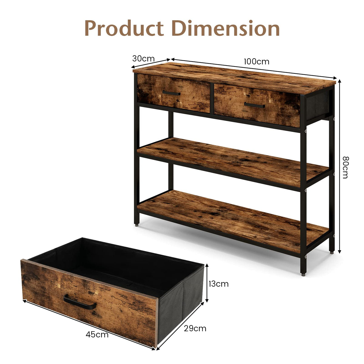 Giantex 100CM Console Table, Behind Couch Table with 2 Folding Fabric Drawers & Shelves , Rustic Brown