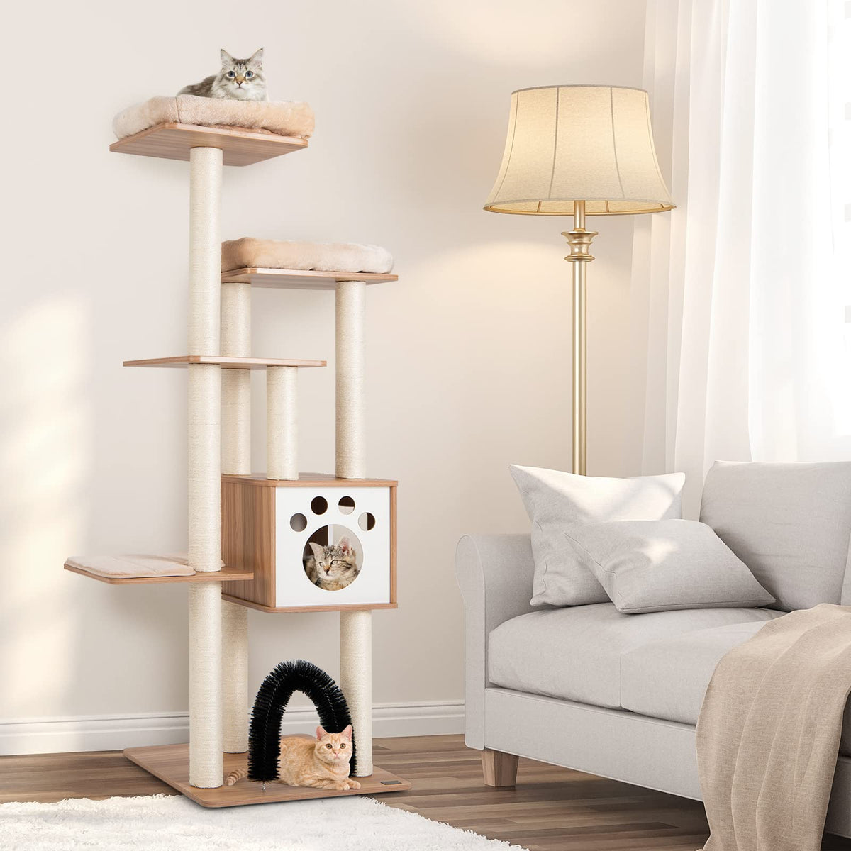 Modern Cat Tree for Indoor Cats, Multi-Level Tall Cute Cat Tree with 2 Top Plush Perches