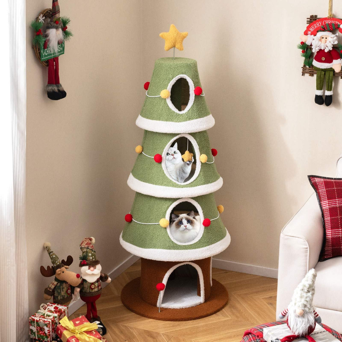 Large Christmas Cat Tree for Indoor Cats, 154 cm Cute Cat Tower with 4 Condos