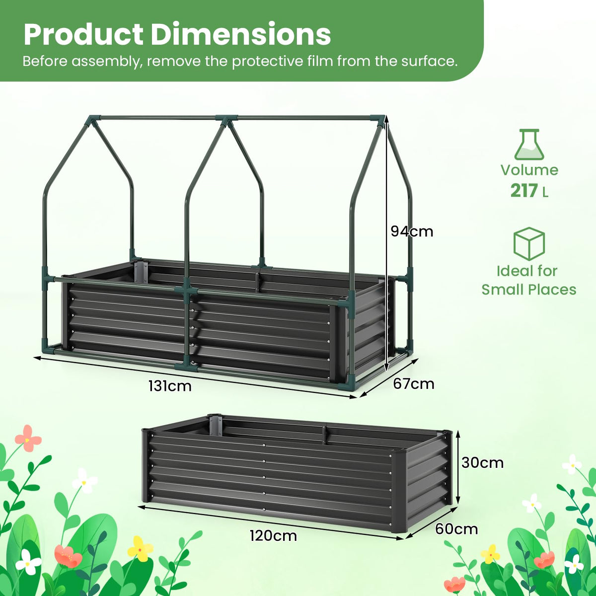 120x30x60 cm Raised Garden Bed with Greenhouse Cover and Windows