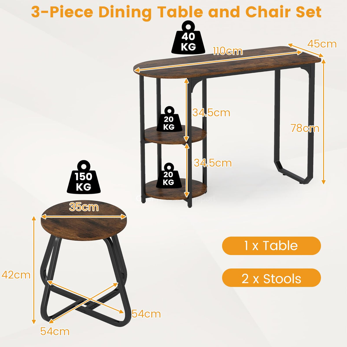 3-Piece Dining Table Set Rectangular Kitchen Table and 2 Stools with 2-tier Storage Shelves