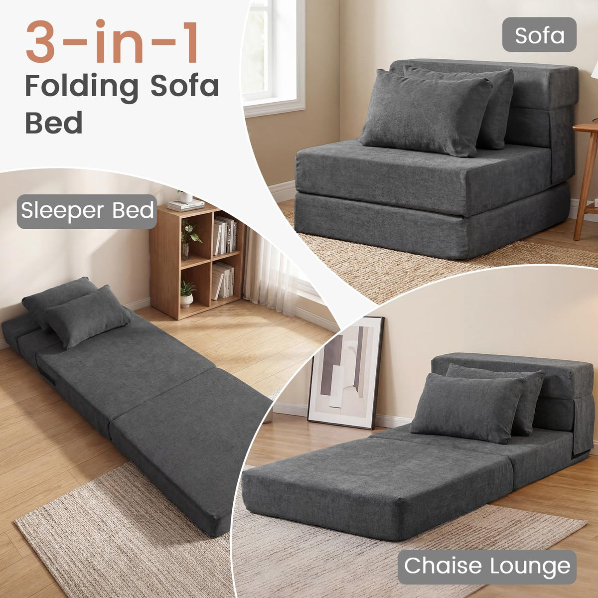 Giantex Folding Sofa Bed, 3-in-1 Convertible Sleeper Chair with 2 Pillows