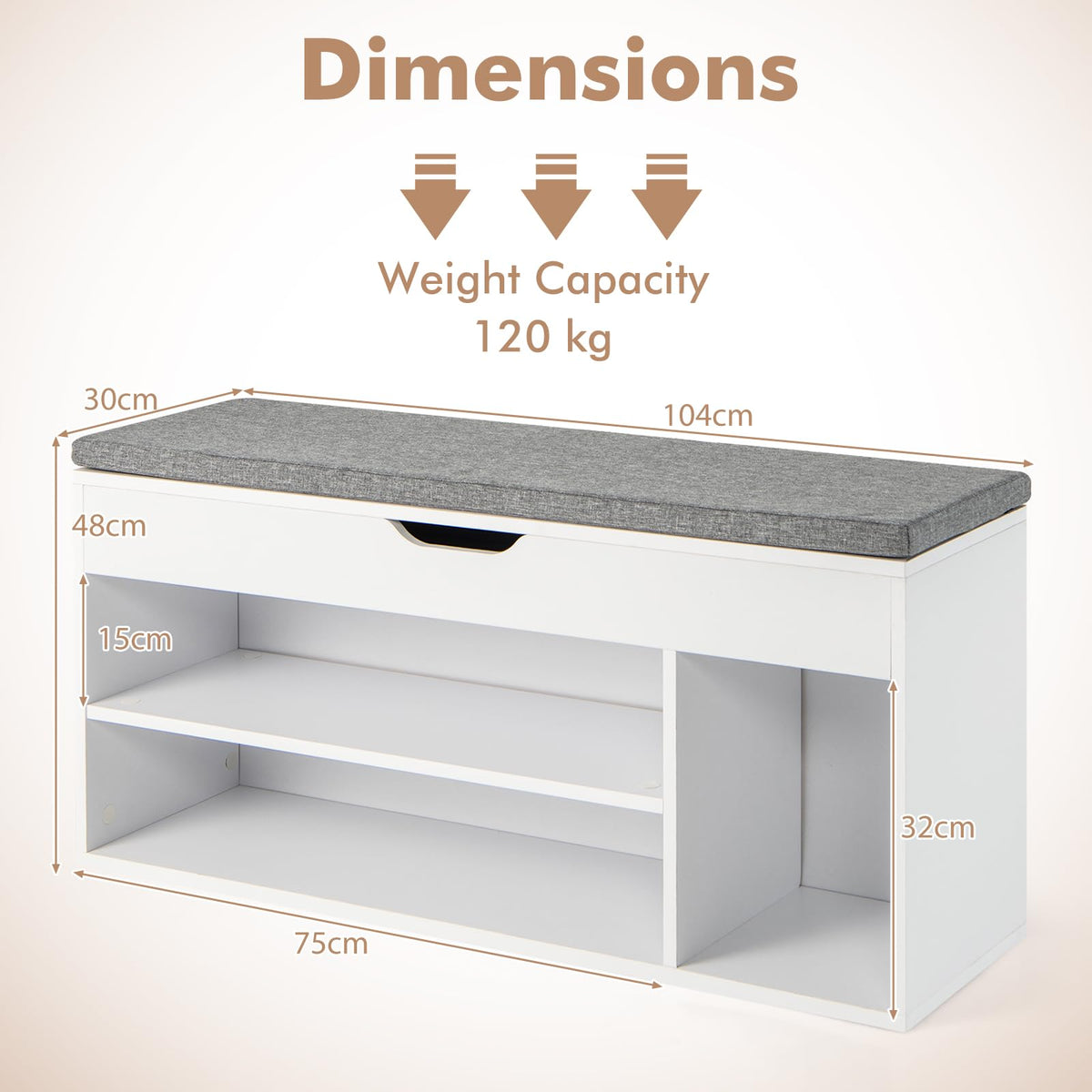 Shoe Bench with 3 Open Shelves and 1 Closed Shelf for Living Room