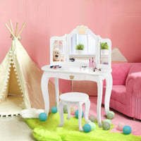 2-in-1 Kids Dressing Table & Stool Set, Toddler Wooden Vanity Table with Tri-Fold Mirror & Drawer