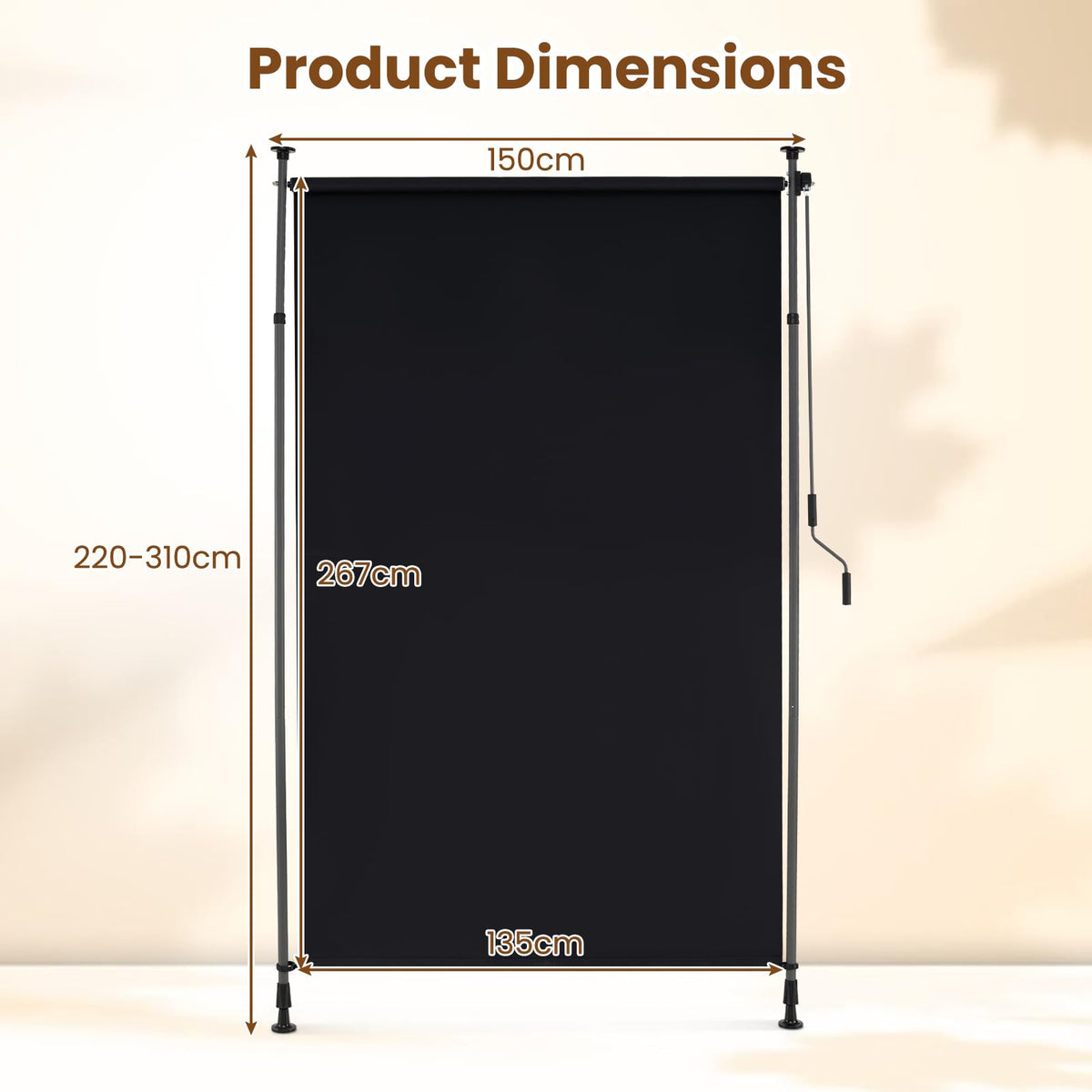 150/200 cm Vertical Retractable Patio Awning with Crank Handle