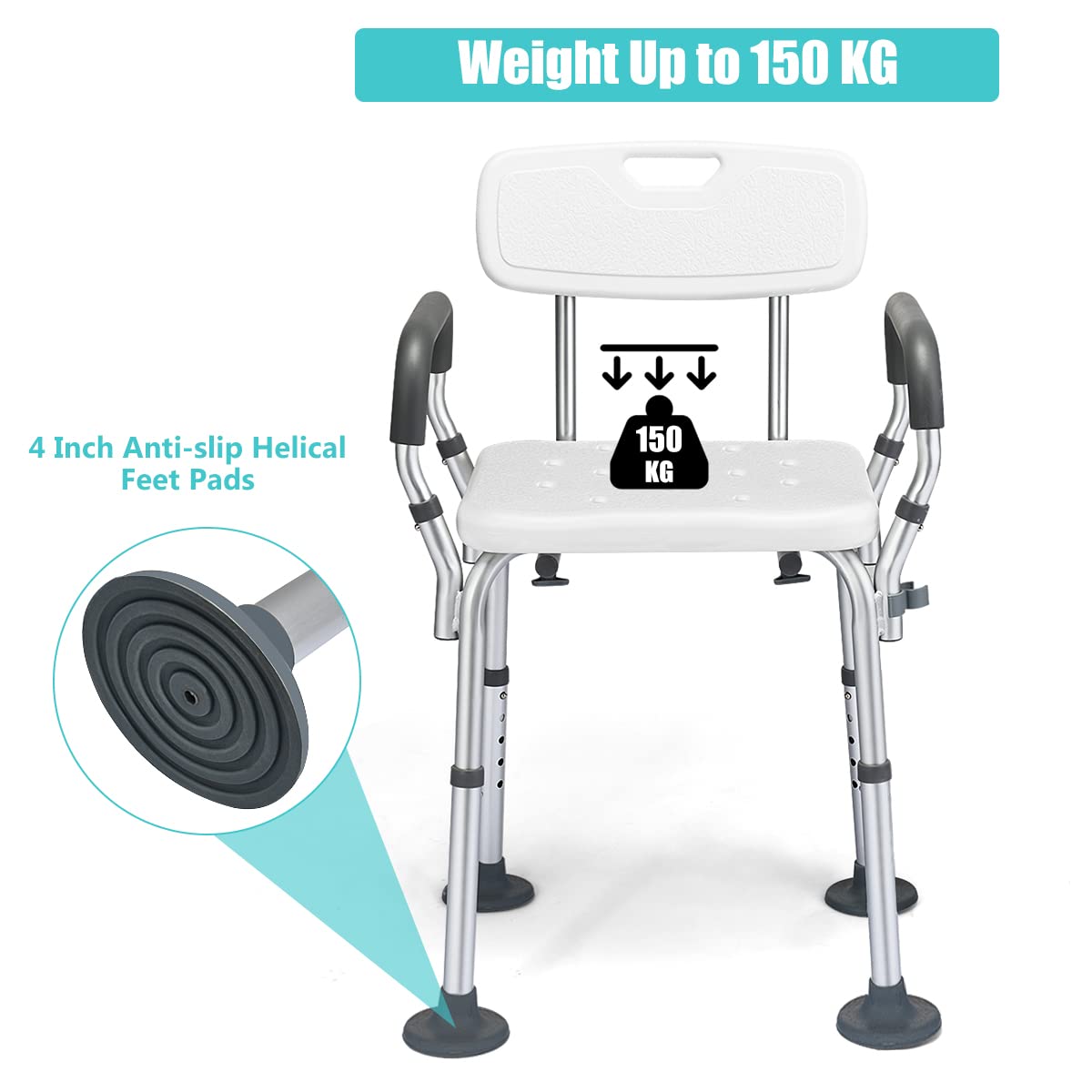 Non-Slip Height Adjustable Shower Chair with Removable Back and Padded Arms