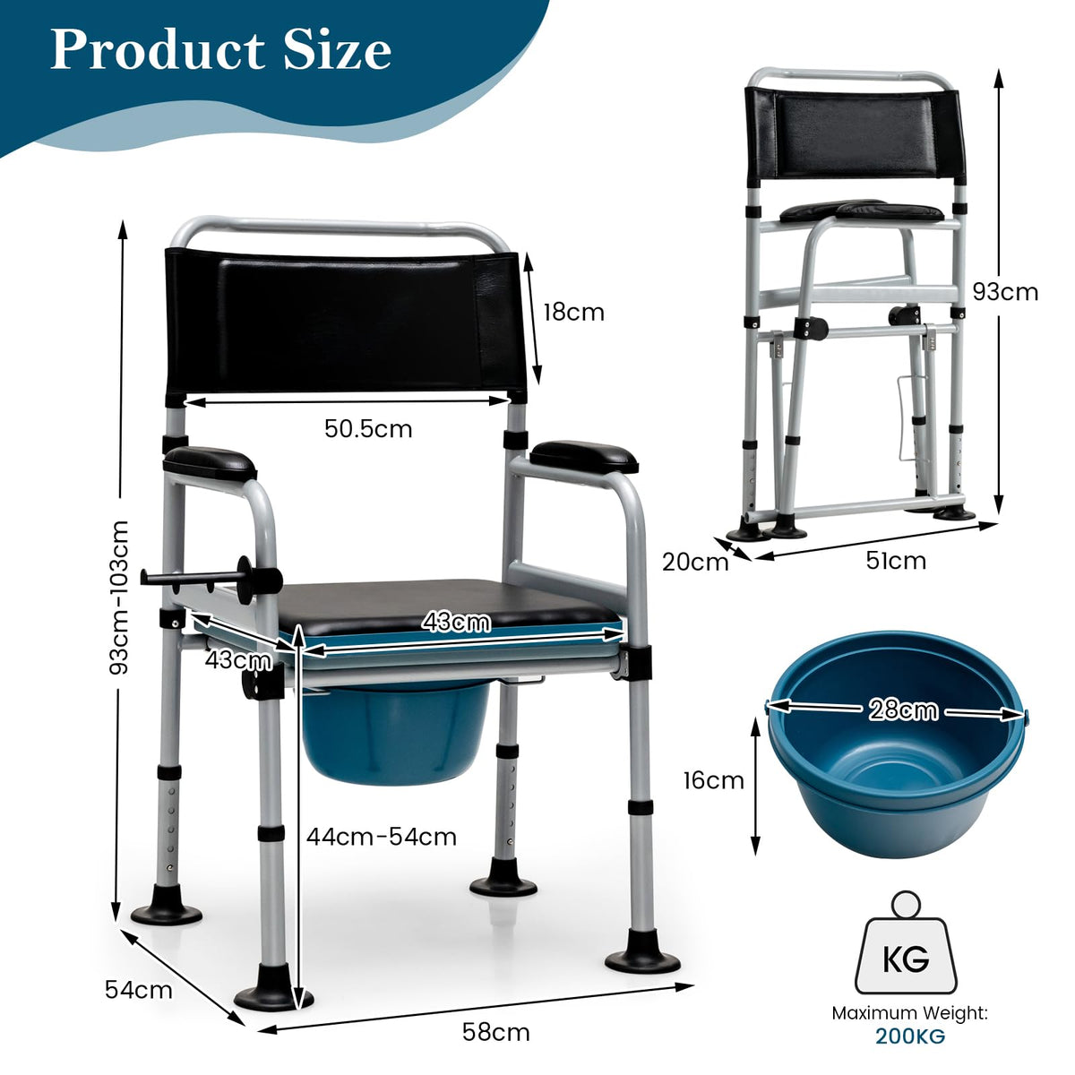 Folding Bedside Commode Chair Height Adjustable with Padded Seat and Backrest