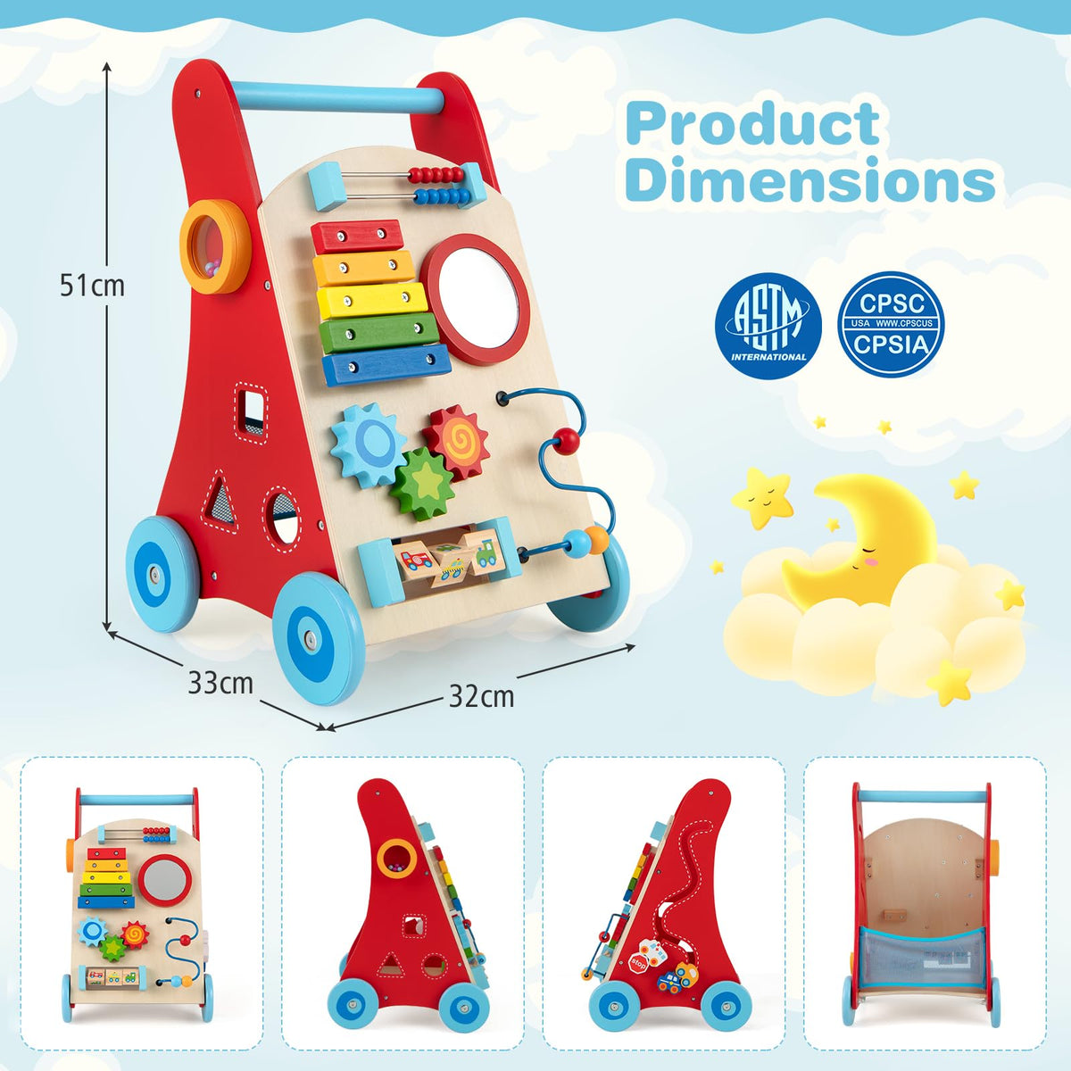 8-in-1 Wooden Baby Walker with Wheels for Toddlers 1+ Years Old