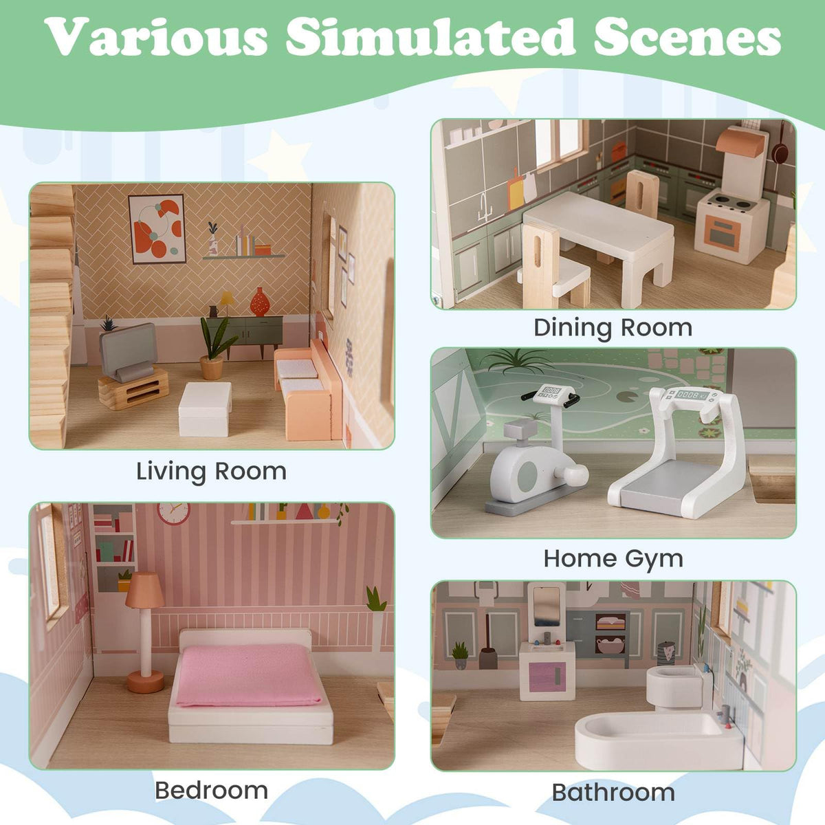 Kids Wooden Dollhouse with Double-Sided Roofs and Openable Doors